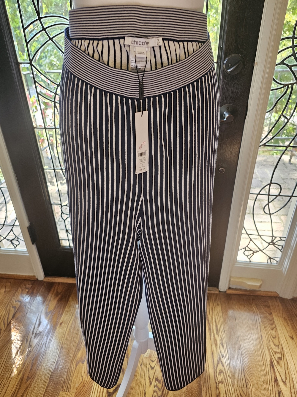Chico's Navy and White Knit Vertical Stripe Cropped Wide-Leg Pants